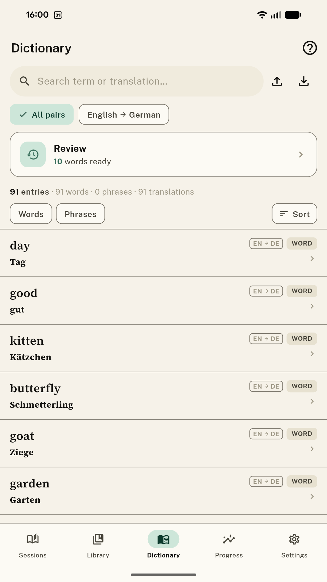 Personal dictionary with Review card