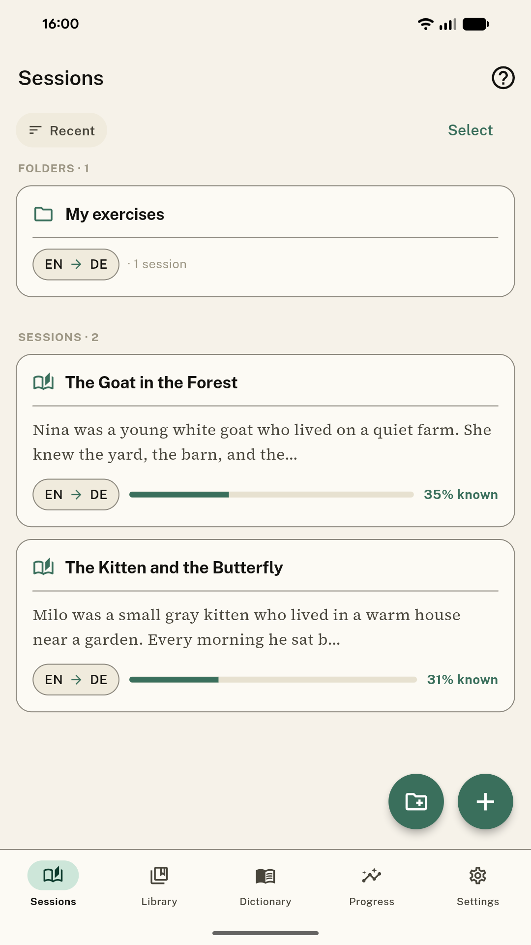 Sessions list with folders