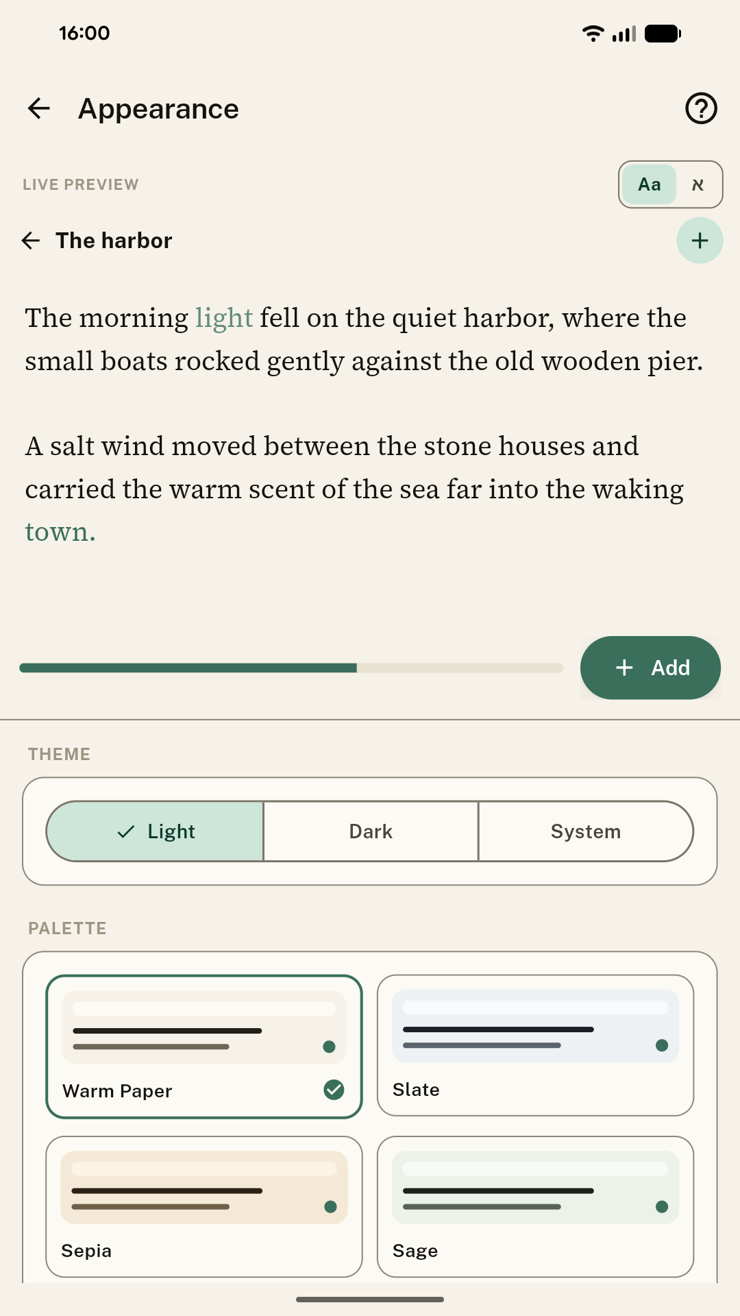 Appearance — live preview and palettes