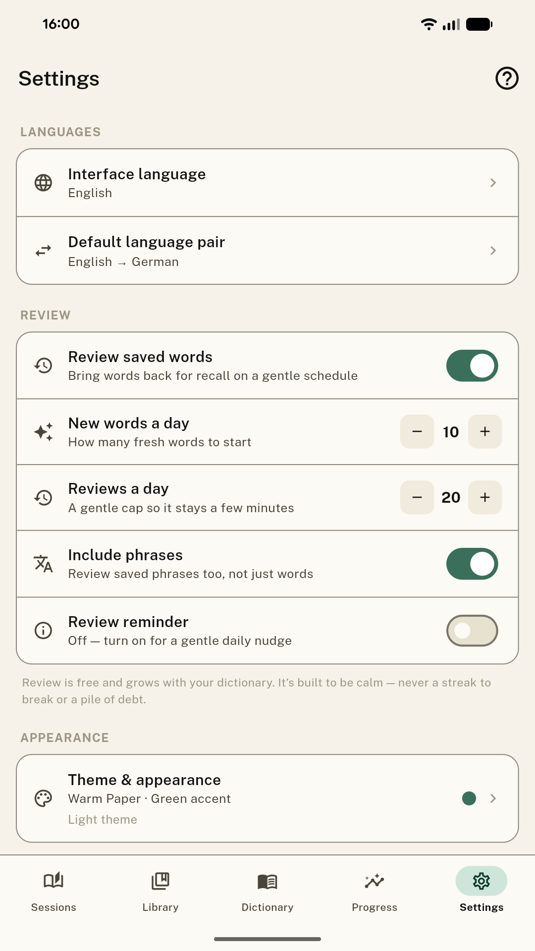 Settings — languages, review controls, theme