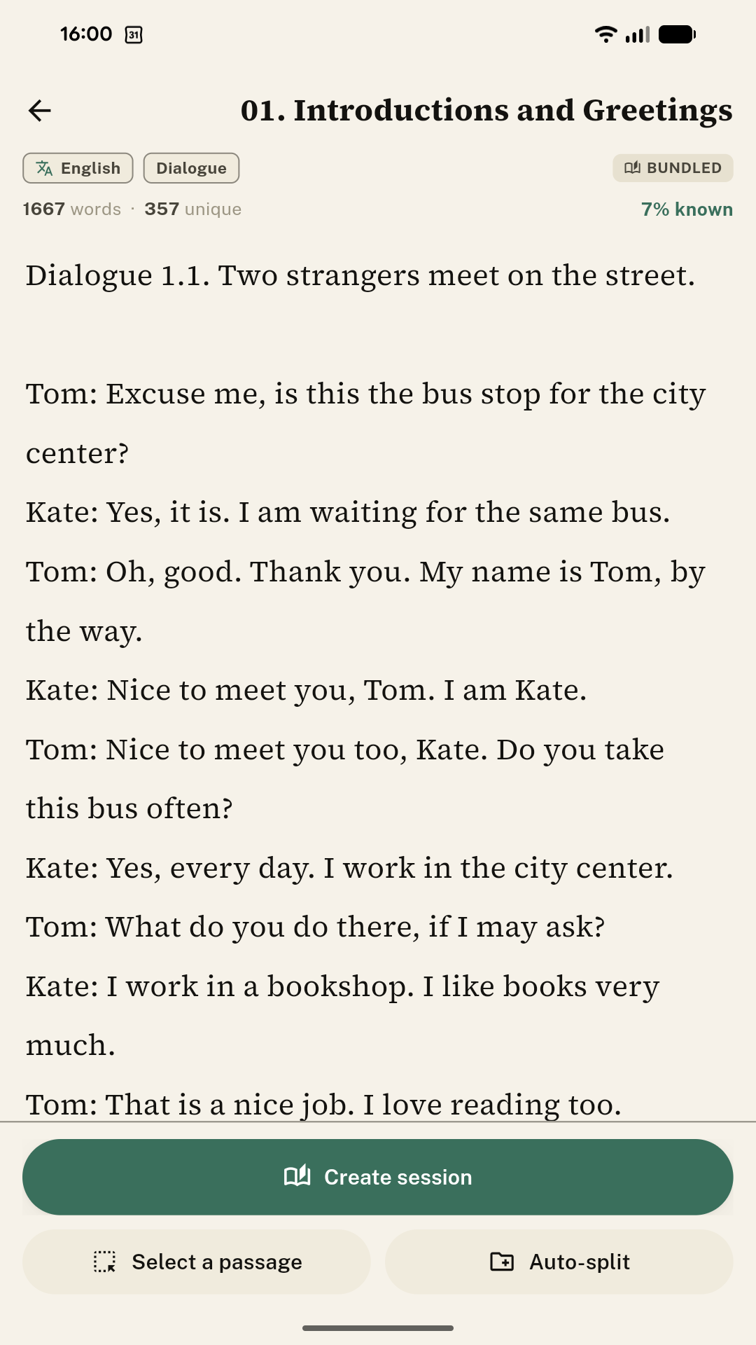 Text preview — create session, select a passage, auto-split